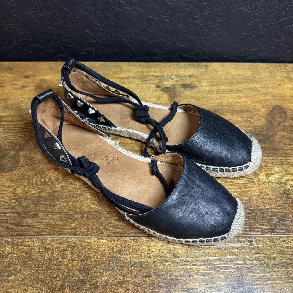 Maypol Studded Ankle Tie Black Leather Espadrille Flats Womens Size 38
